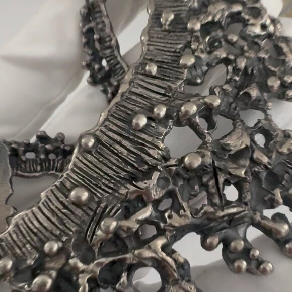 Vintage Guy Vidal Modernist Brutalist Necklace Pewter Bib 70's - Picture 3 of 5